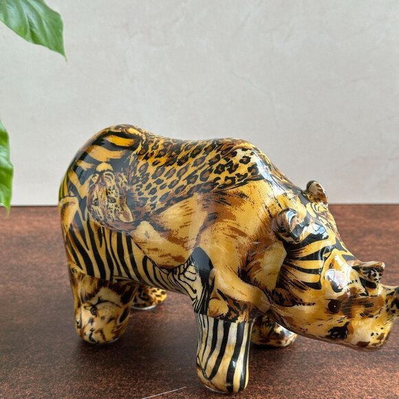 Y2K Le Vie Rhinoceros Figurine with Animal Print Collage Glossy Finish Global Ec - Picture 7 of 8